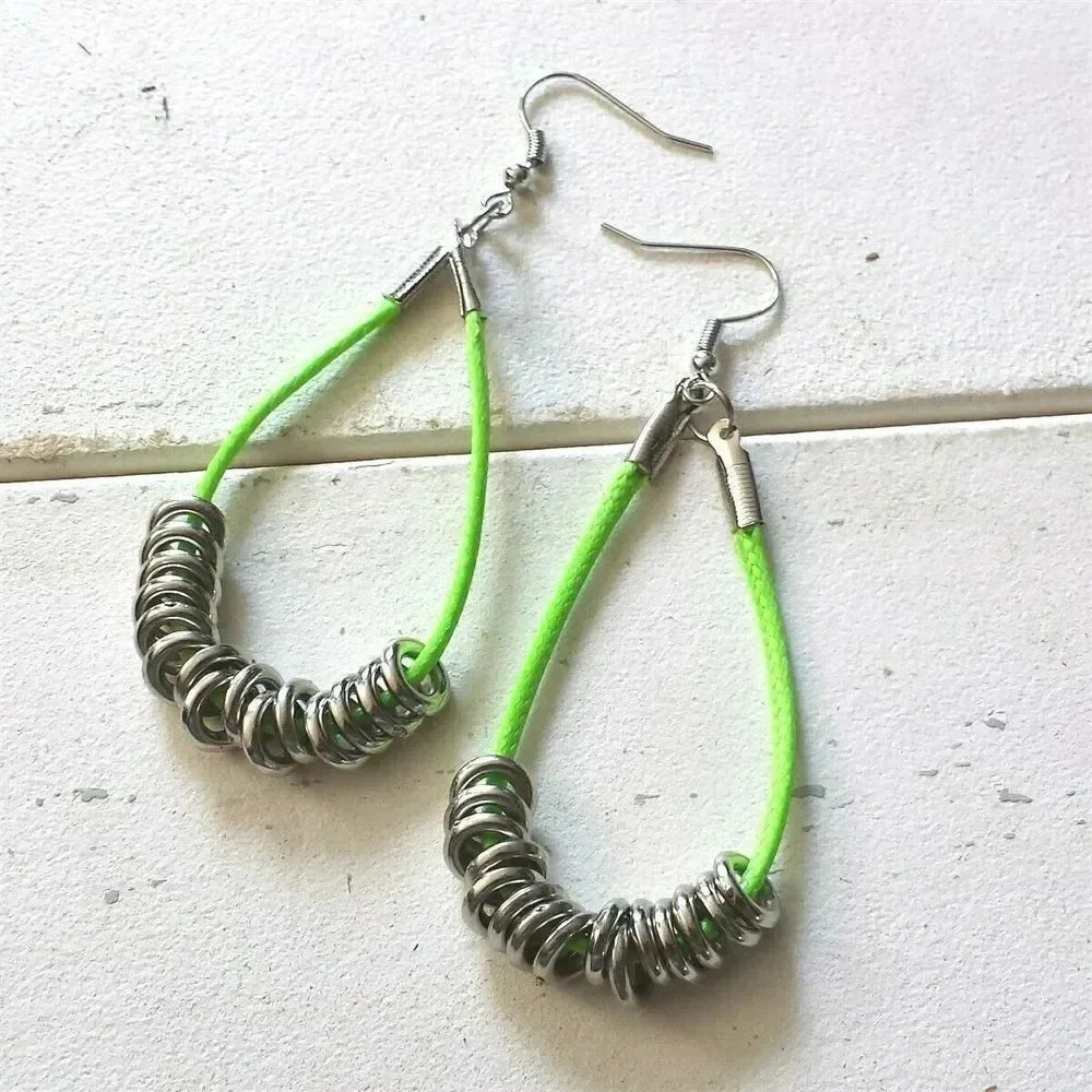 Handmade Neon Green Long Polyester Cord Silver Tone Rings Dangle Hoop Earrings